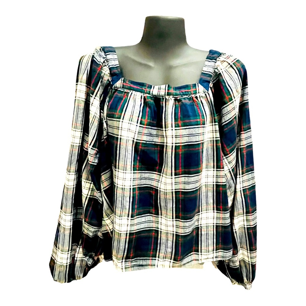 🎯 GAP Plaid Flannel Peasant Blouse Puff Sleeve Square Neck Cottagecore Top (L)